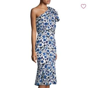 Saloni “Juliet” White & Blue Floral One Shoulder Midi Dress ~ Sz 2